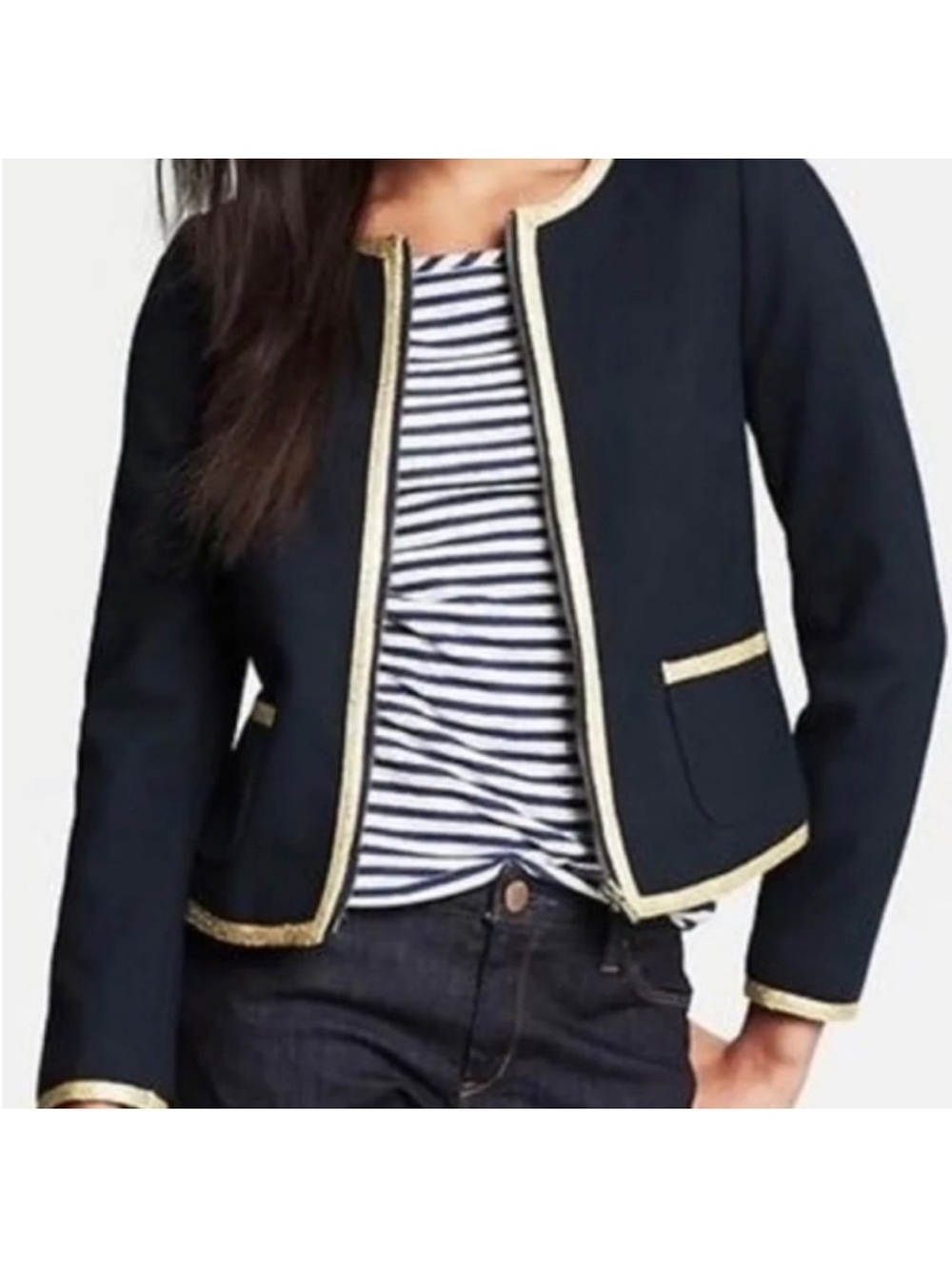 Banana Republic Tweed Lady Navy Gold-Trim Jacket 12 Zip Up